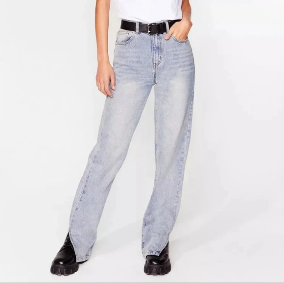 Nasty Gal Work Slit Out High-Waisted Straight-Leg Jeans, Color Med Wash Size 14 - Picture 1 of 16